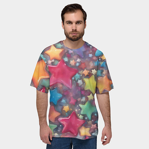 Мужская футболка оверсайз Разноцветные новогодние звёзды / 3D-принт – фото 3