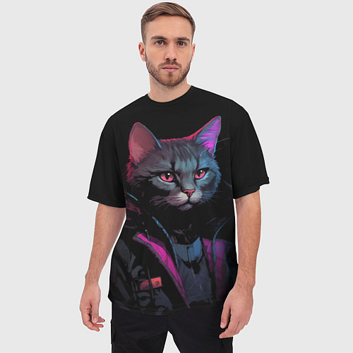 Мужская футболка оверсайз Кот в стиле киберпанк / 3D-принт – фото 3