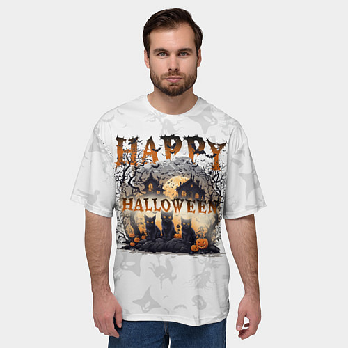 Мужская футболка оверсайз С котиками на хэллоуин / 3D-принт – фото 3
