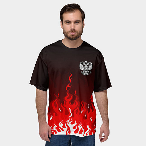 Мужская футболка оверсайз Герб РФ - красное пламя / 3D-принт – фото 3