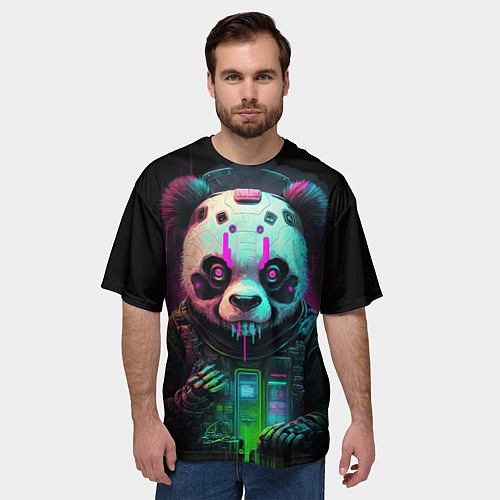 Мужская футболка оверсайз Панда киберпанк / 3D-принт – фото 3