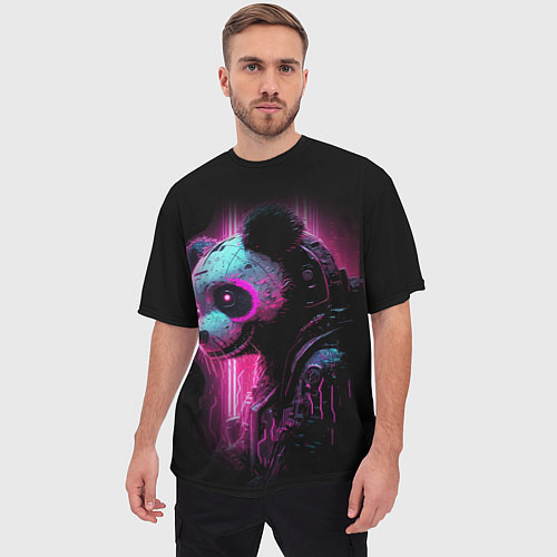 Мужская футболка оверсайз Панда киберпанк в фиолетовом свете / 3D-принт – фото 3