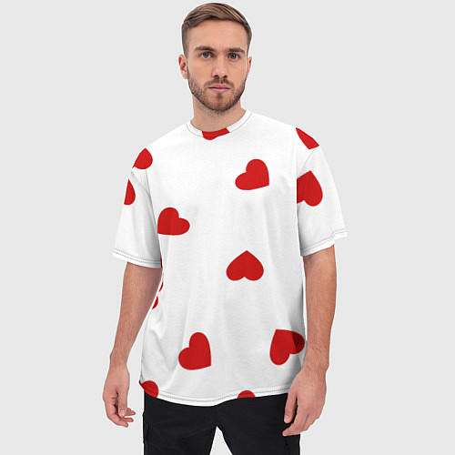 Мужская футболка оверсайз Красные сердечки на белом / 3D-принт – фото 3