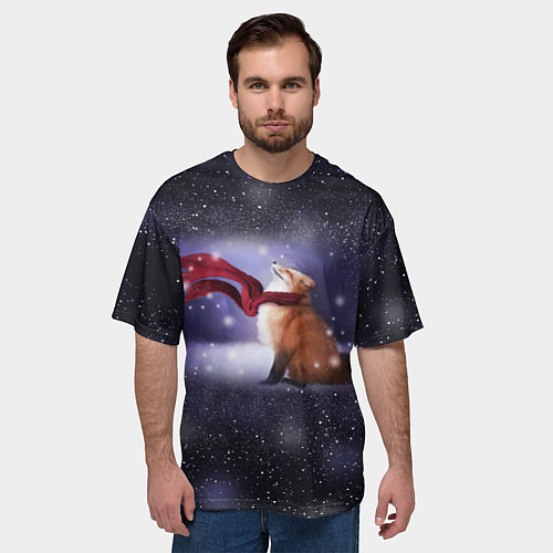 Мужская футболка оверсайз Лиса в красном шарфике под снегом / 3D-принт – фото 3