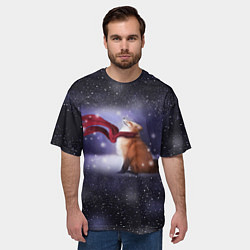 Футболка оверсайз мужская Лиса в красном шарфике под снегом, цвет: 3D-принт — фото 2