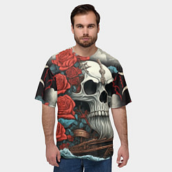 Футболка оверсайз мужская Череп викинга на корабле с розами в стиле тату ире, цвет: 3D-принт — фото 2