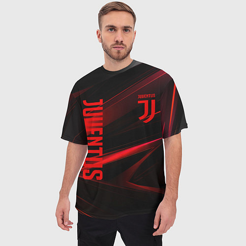 Мужская футболка оверсайз Juventus black red logo / 3D-принт – фото 3