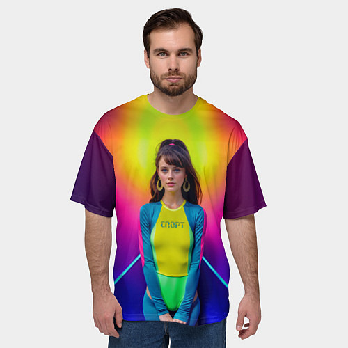 Мужская футболка оверсайз Девушка гимнастка в неоновом зале / 3D-принт – фото 3
