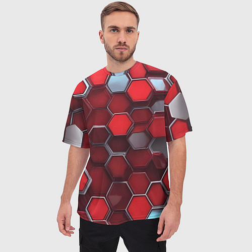 Мужская футболка оверсайз Cyber hexagon red / 3D-принт – фото 3