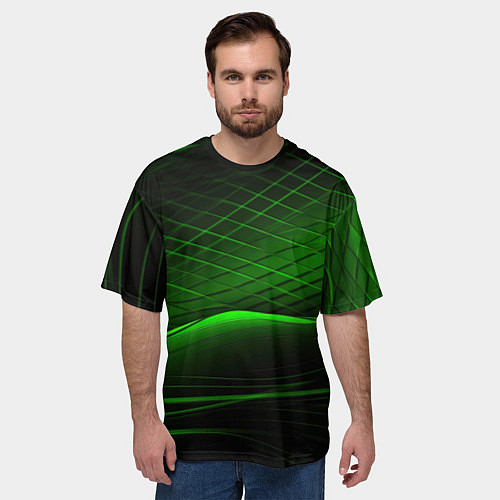 Мужская футболка оверсайз Green lines black backgrouns / 3D-принт – фото 3