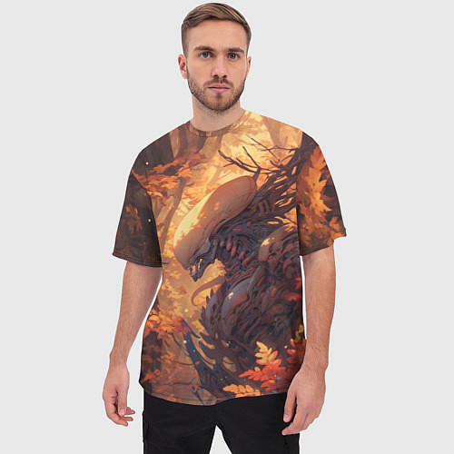 Мужская футболка оверсайз Ксеноморф в осеннем лесу / 3D-принт – фото 3