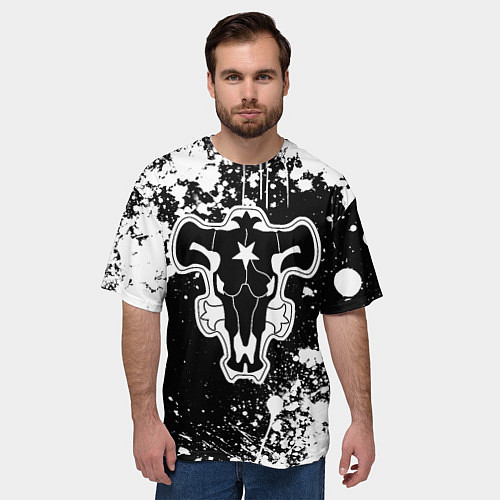 Мужская футболка оверсайз Черный клевер - брызги и бык / 3D-принт – фото 3