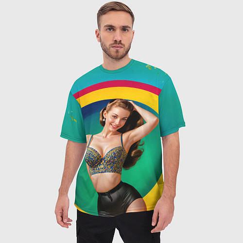 Мужская футболка оверсайз Девушка в красочном расшитом топе на фоне цветных / 3D-принт – фото 3