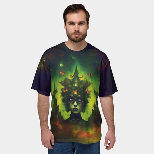 Мужская футболка оверсайз Зеленая фантастическая ведьма с бабочками / 3D-принт – фото 3