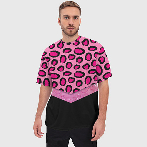 Мужская футболка оверсайз Розовый леопард и блестки принт / 3D-принт – фото 3