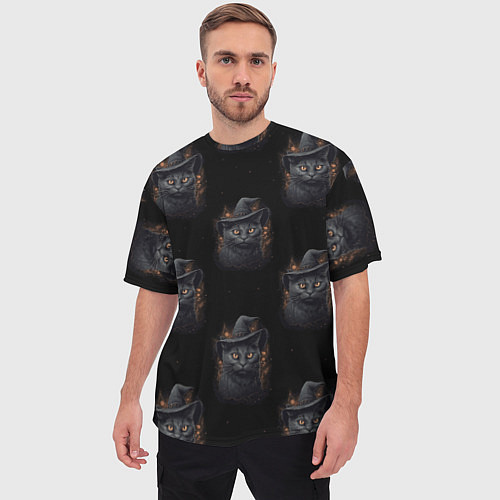 Мужская футболка оверсайз Паттерн с черными котами в шляпах / 3D-принт – фото 3
