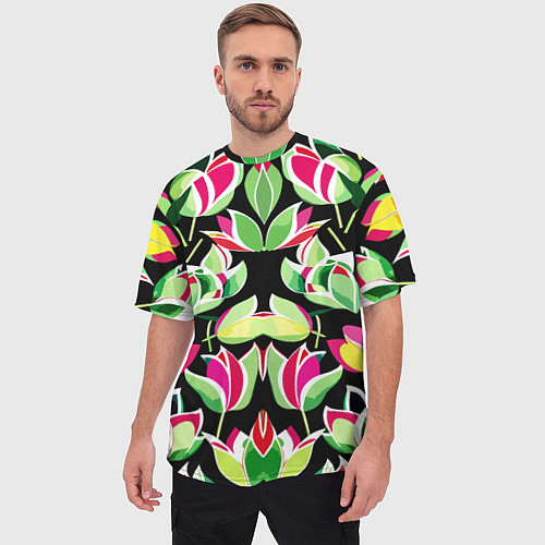Мужская футболка оверсайз Зеркальный паттерн из тюльпанов - мода / 3D-принт – фото 3