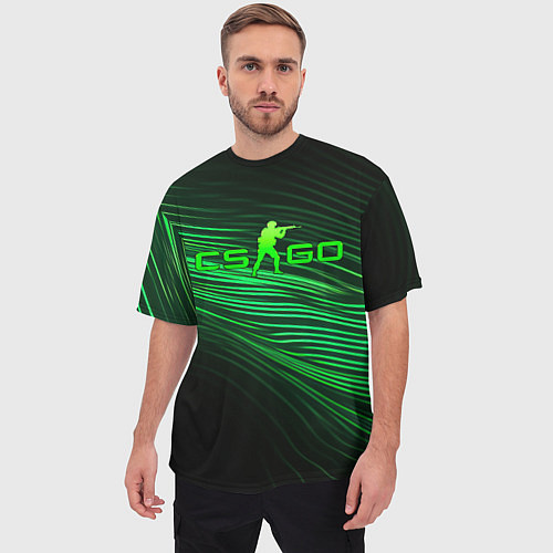 Мужская футболка оверсайз CSGO green lines logo / 3D-принт – фото 3