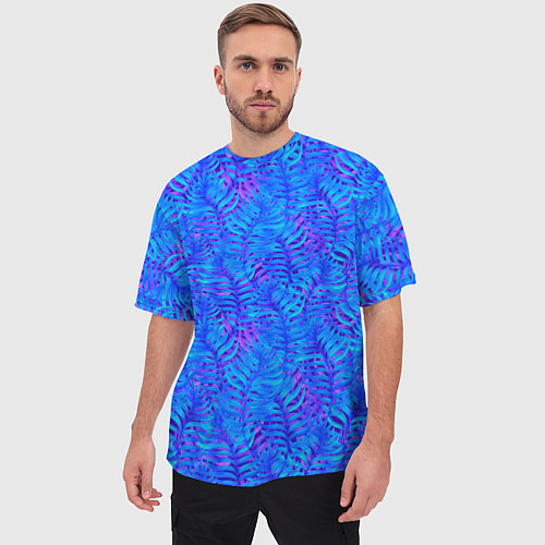 Мужская футболка оверсайз Синие неоновые листья / 3D-принт – фото 3