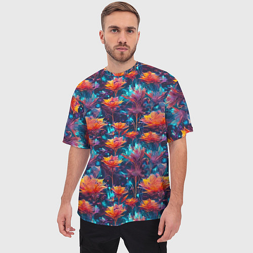 Мужская футболка оверсайз Футуристические цветы узор / 3D-принт – фото 3
