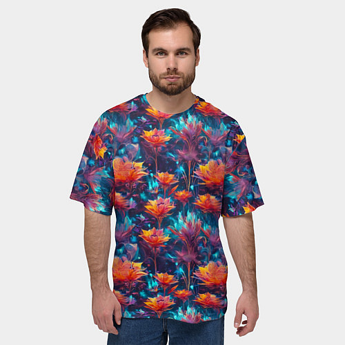 Мужская футболка оверсайз Футуристические цветы узор / 3D-принт – фото 3