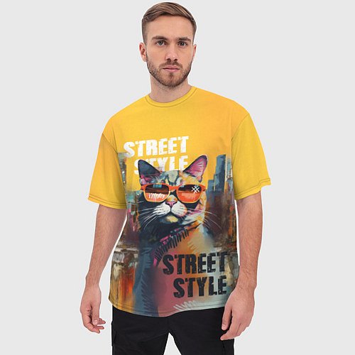 Мужская футболка оверсайз Кот в городе - street style / 3D-принт – фото 3