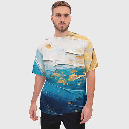 Мужская футболка оверсайз Белый, синий, золотой импасто абстракция / 3D-принт – фото 3