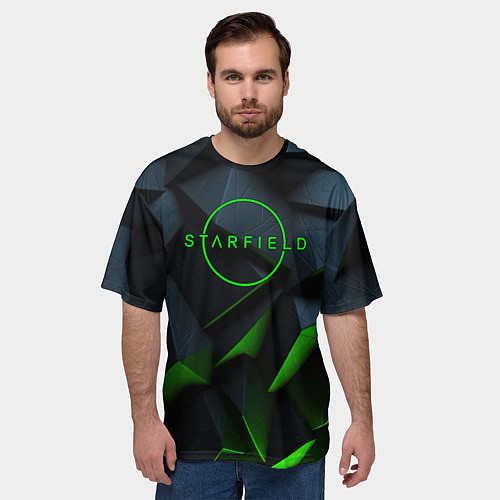 Мужская футболка оверсайз Starfield black green logo / 3D-принт – фото 3