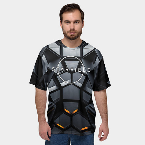 Мужская футболка оверсайз Логотип Старфильд на фоне абстрактной конструкции / 3D-принт – фото 3