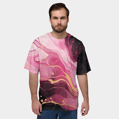 Мужская футболка оверсайз Абстрактный черно-розовый мраморный узор / 3D-принт – фото 3