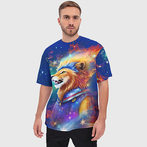 Мужская футболка оверсайз Космический лев - неоновое свечение / 3D-принт – фото 3