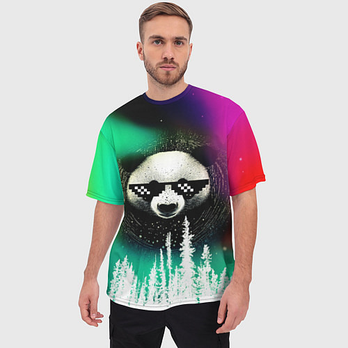 Мужская футболка оверсайз Панда в очках на фоне северного сияния и леса / 3D-принт – фото 3