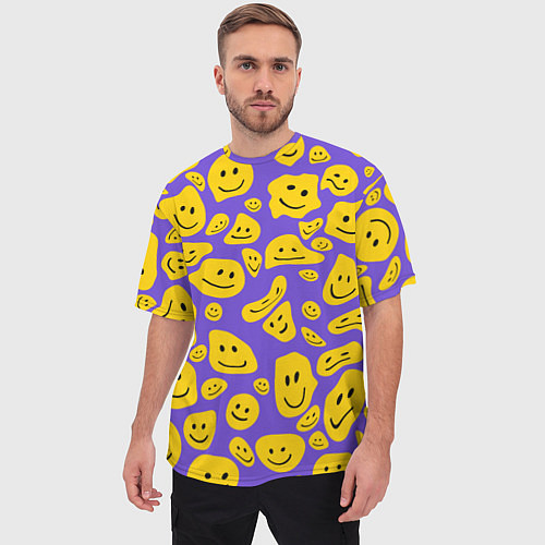 Мужская футболка оверсайз Расплывшийся смайлик на фиолетовом / 3D-принт – фото 3
