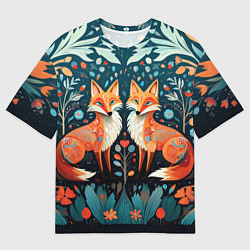 Футболка оверсайз мужская Две лисички в стиле фолк арт, цвет: 3D-принт