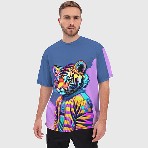 Мужская футболка оверсайз Cool tiger cub - pop art / 3D-принт – фото 3