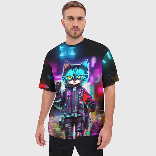 Мужская футболка оверсайз Cool kitten - cyberpunk - neon glow / 3D-принт – фото 3