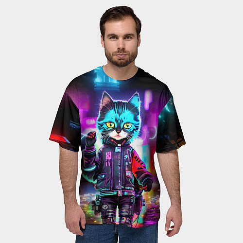 Мужская футболка оверсайз Cool kitten - cyberpunk - neon glow / 3D-принт – фото 3