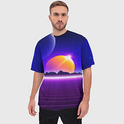 Футболка оверсайз мужская Mountains - sun - space - vaporwave, цвет: 3D-принт — фото 2