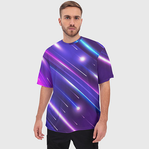 Мужская футболка оверсайз Неоновый звездопад - полосы / 3D-принт – фото 3