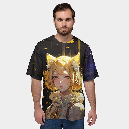 Мужская футболка оверсайз Грустная девушка-кошка / 3D-принт – фото 3