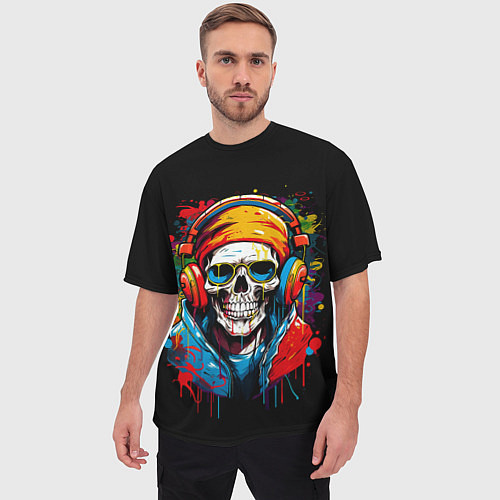 Мужская футболка оверсайз Яркий красочный череп в бандане и очках / 3D-принт – фото 3