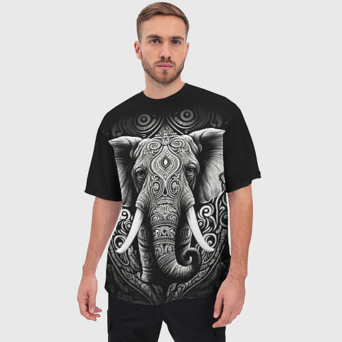 Мужская футболка оверсайз Индийский слон с узорами / 3D-принт – фото 3