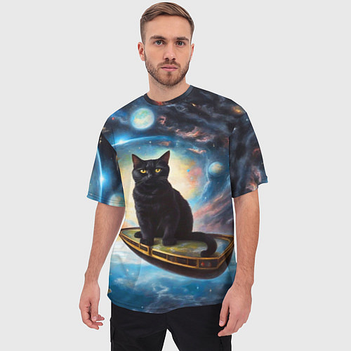 Мужская футболка оверсайз Черный кот на космическом корабле летящий в космос / 3D-принт – фото 3
