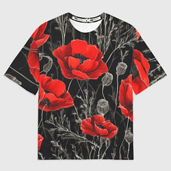Мужская футболка оверсайз Красные маки на темном фоне
