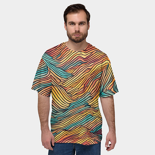 Мужская футболка оверсайз Разноцветные волнистые линии / 3D-принт – фото 3