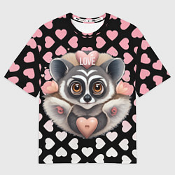 Футболка оверсайз мужская Лемур и сердечки с надписью love, цвет: 3D-принт