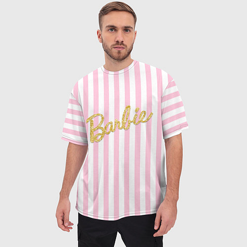 Мужская футболка оверсайз Barbie - золотая надпись и бело-розовые полосы / 3D-принт – фото 3