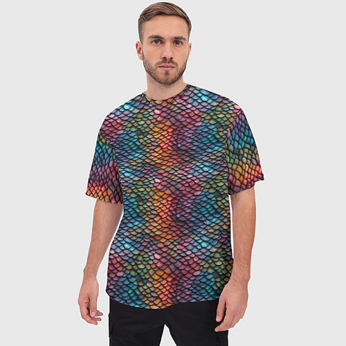 Мужская футболка оверсайз Разноцветная чешуя дракона / 3D-принт – фото 3