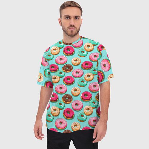 Мужская футболка оверсайз Разноцветные пончики паттерн / 3D-принт – фото 3