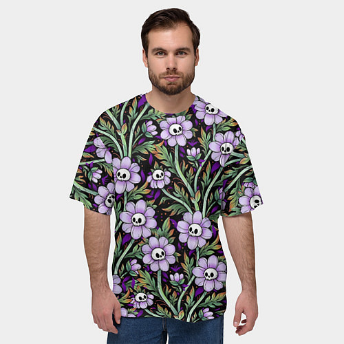 Мужская футболка оверсайз Цветы с черепами / 3D-принт – фото 3